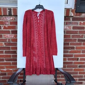 Aliya Women Red Pointelle Crochet Lace Up Back Open Front Cardigan Sweater S